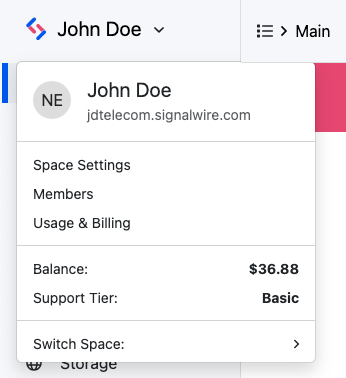 the Space dropdown menu, with links to Members, Space Settings, and more